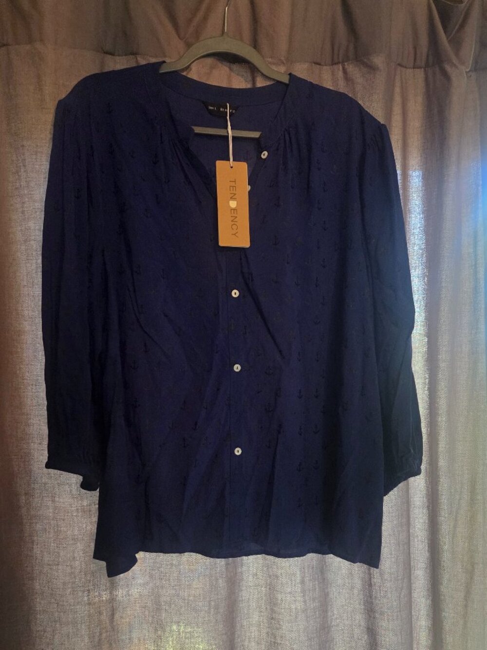 Women’s Blue V-Neck Button Up Blouse - Lightweight Long Sleeve Top w/ Anchors, L